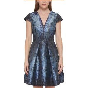 Vince Camuto Dress Womens 2 Brocade Metallic V Neck Pleated Pockets Cocktail NWT